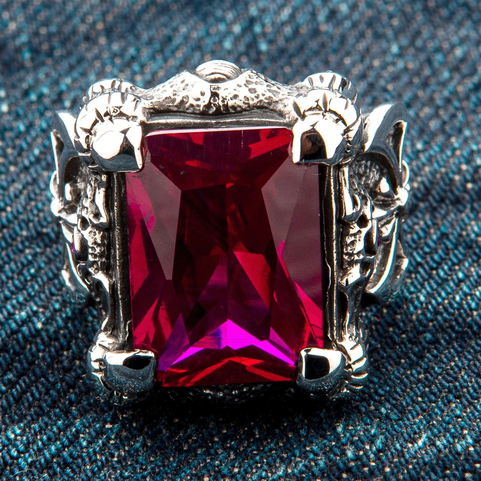 Red Ruby Dragon Claw Sterling Silver Men's Ring