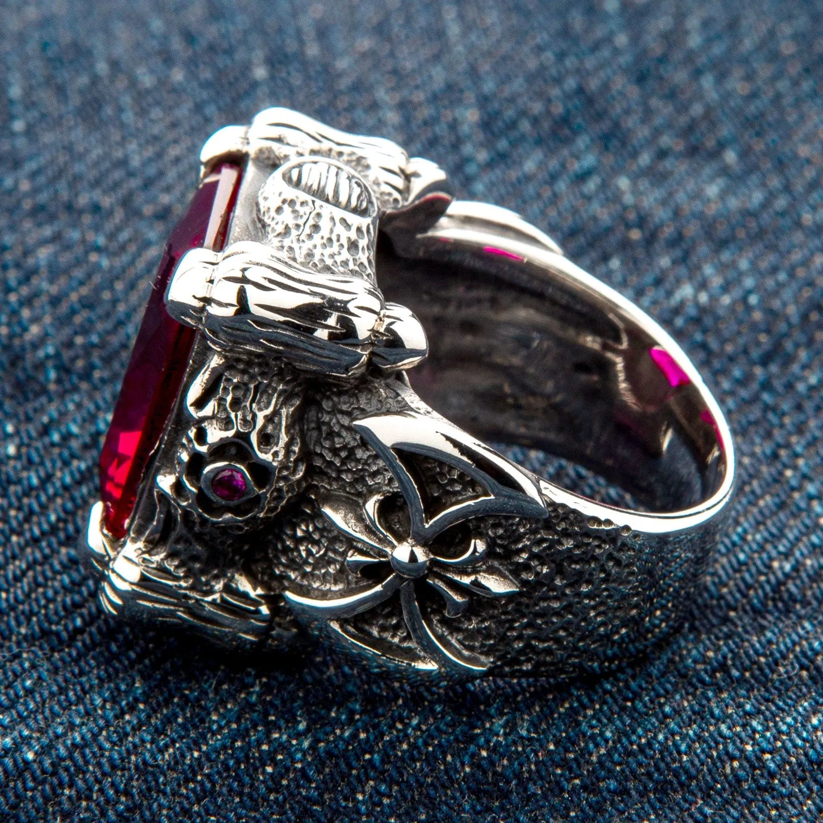 Red Ruby Dragon Claw Sterling Silver Men's Ring