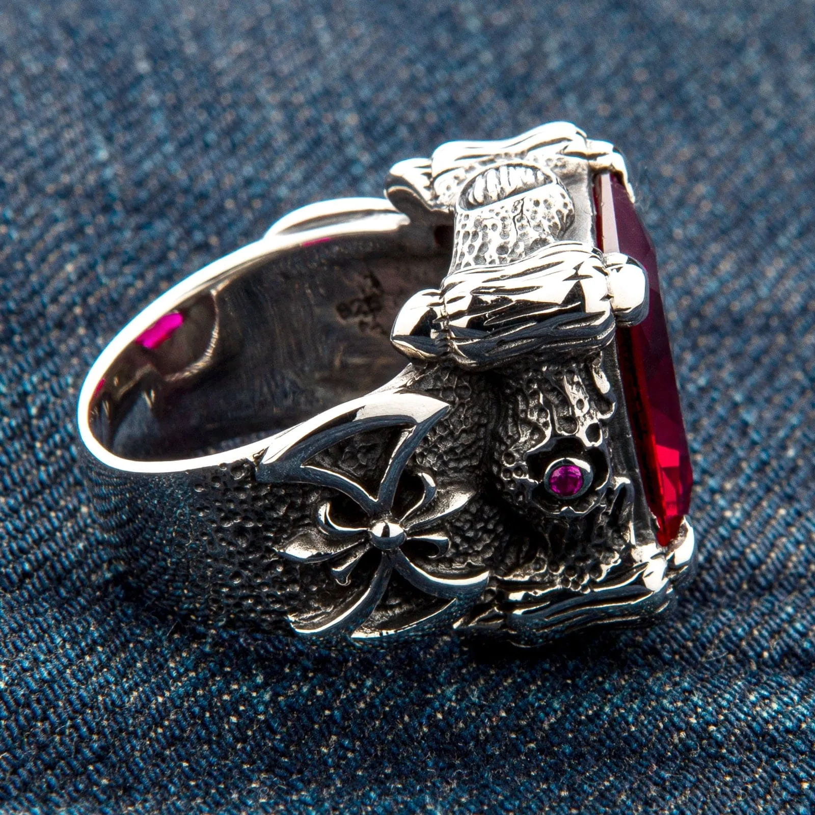 Red Ruby Dragon Claw Sterling Silver Men's Ring