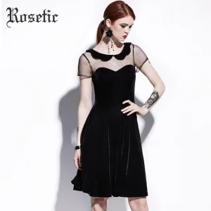 Rosetic Gothic Casual Dress Summer Women Black A-Line Poly Spun Velour Hollow Party Preppy Fashion Slim Mesh Vintage Goth Dress