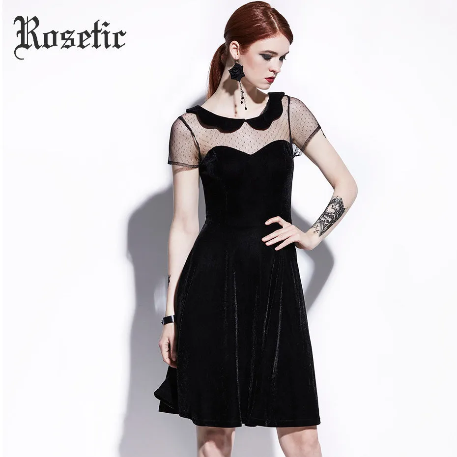 Rosetic Gothic Casual Dress Summer Women Black A-Line Poly Spun Velour Hollow Party Preppy Fashion Slim Mesh Vintage Goth Dress