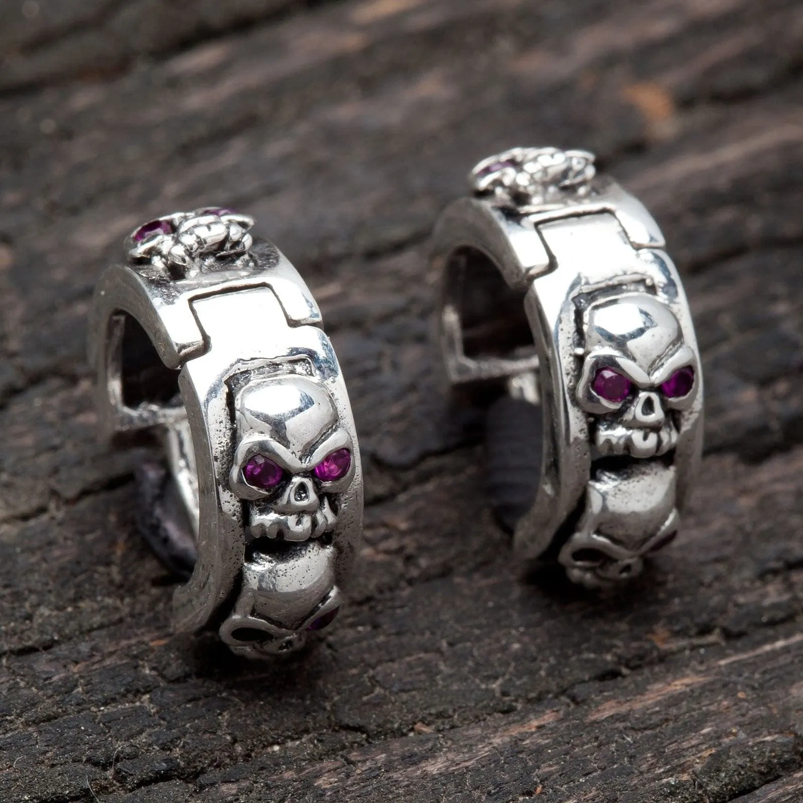 Ruby Skull Sterling Silver Hoop Men's Earrings