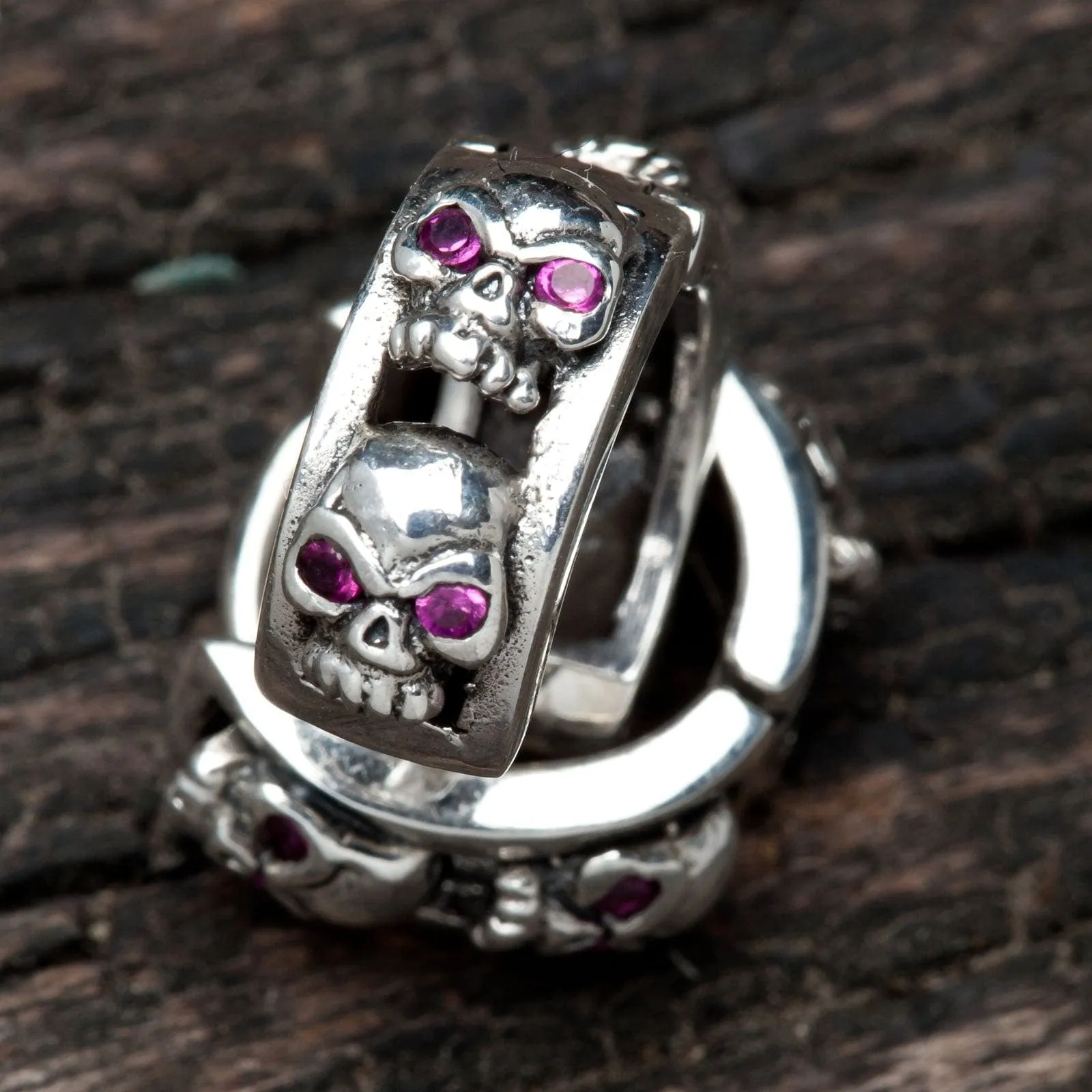 Ruby Skull Sterling Silver Hoop Men's Earrings