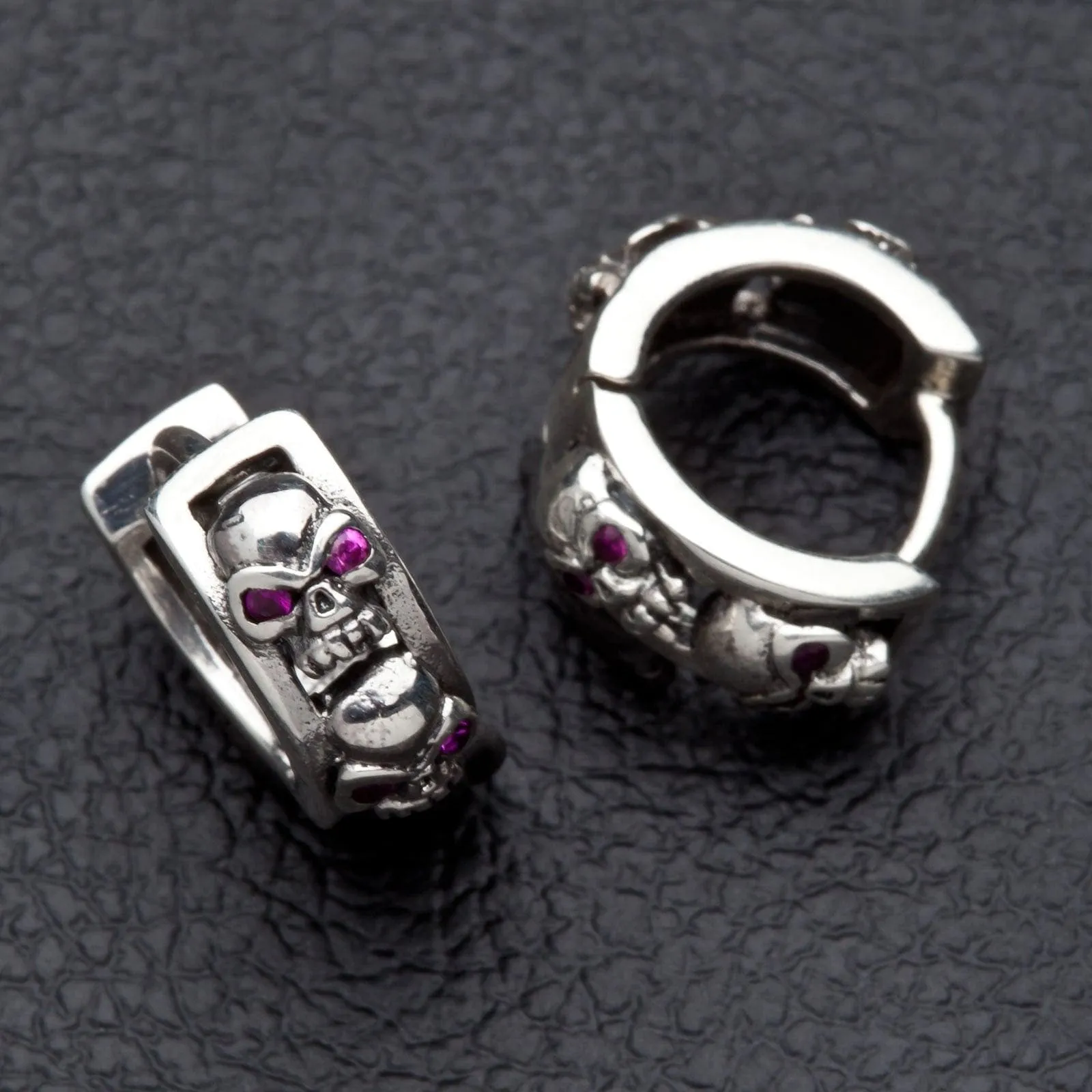 Ruby Skull Sterling Silver Hoop Men's Earrings