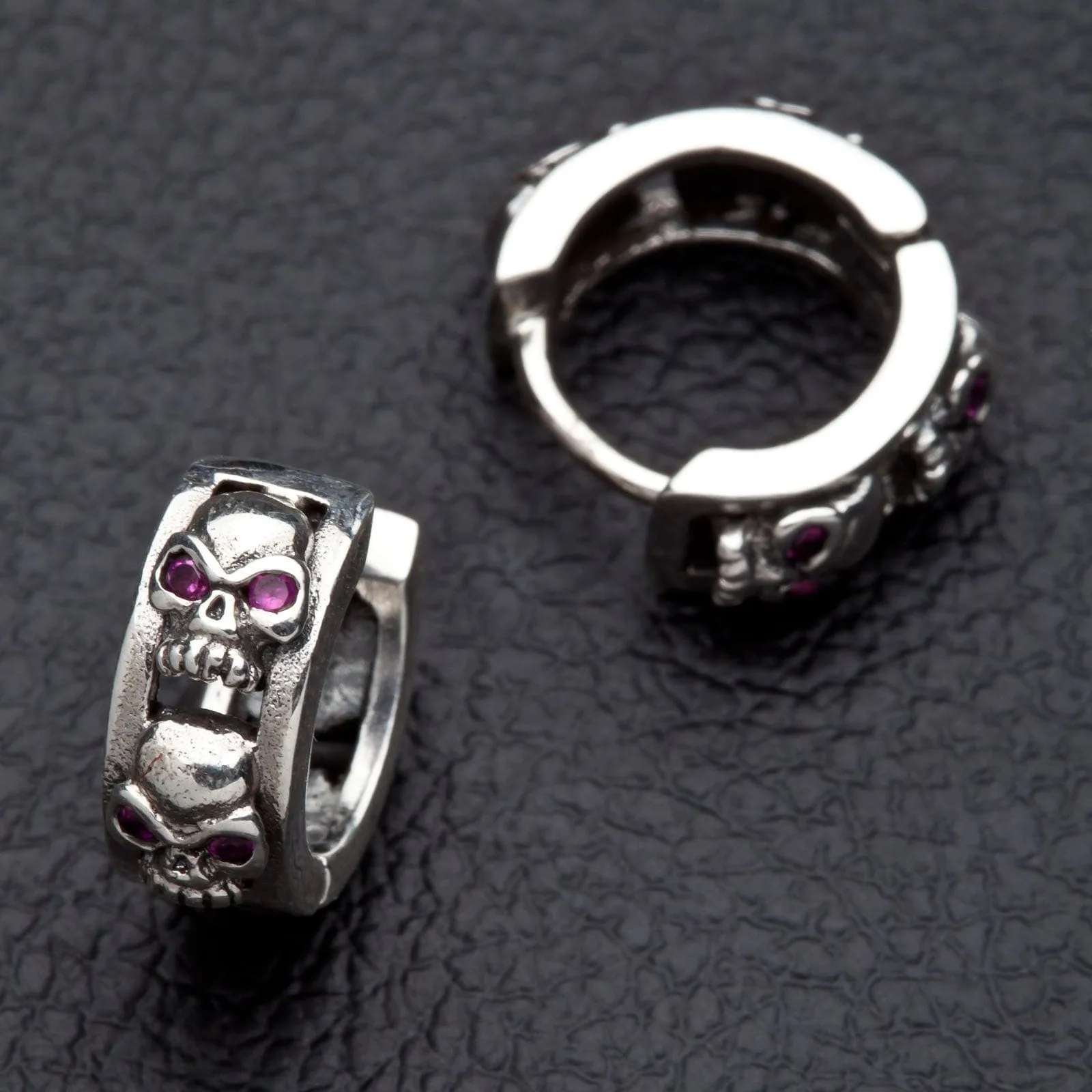 Ruby Skull Sterling Silver Hoop Men's Earrings