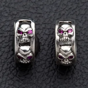 Ruby Skull Sterling Silver Hoop Men's Earrings