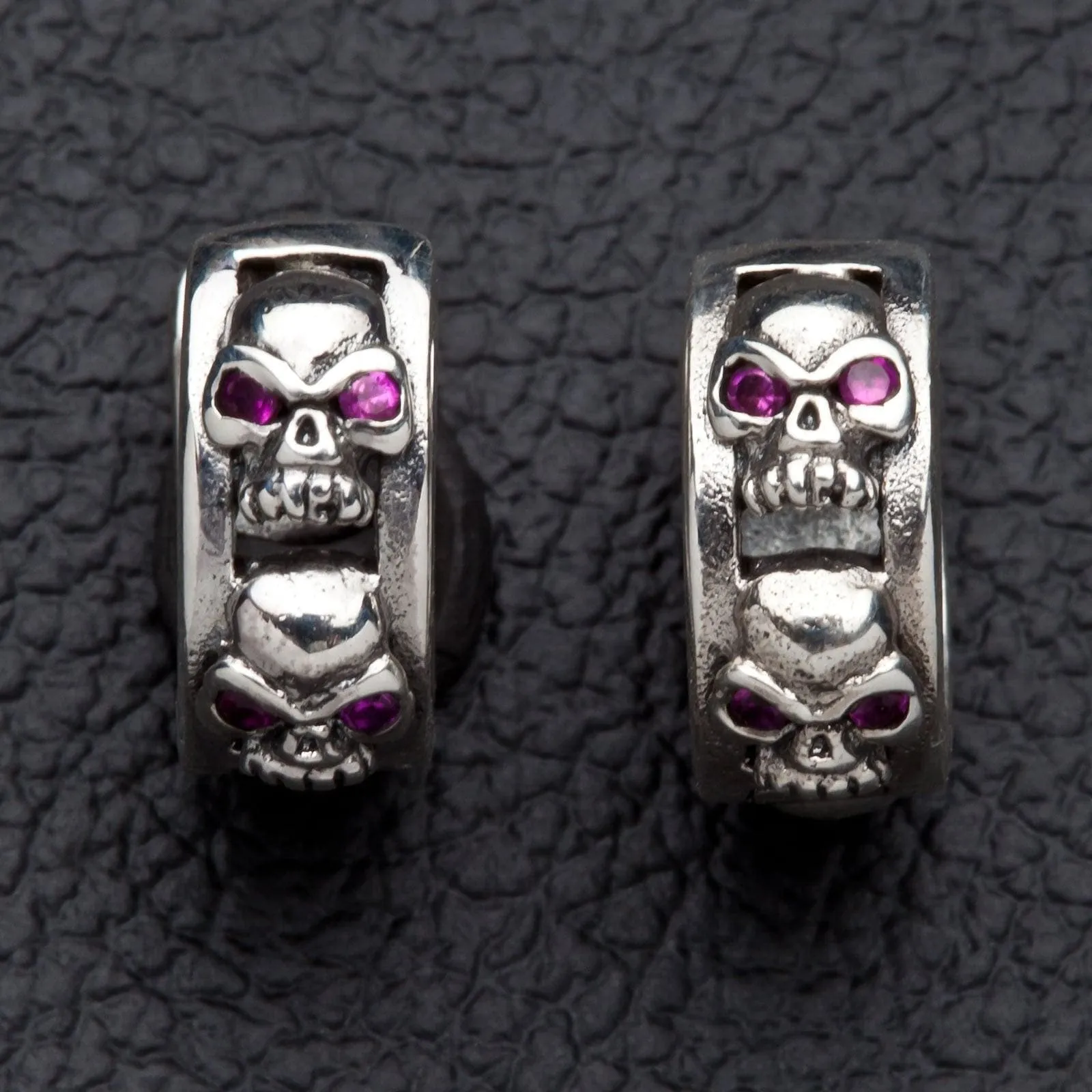 Ruby Skull Sterling Silver Hoop Men's Earrings