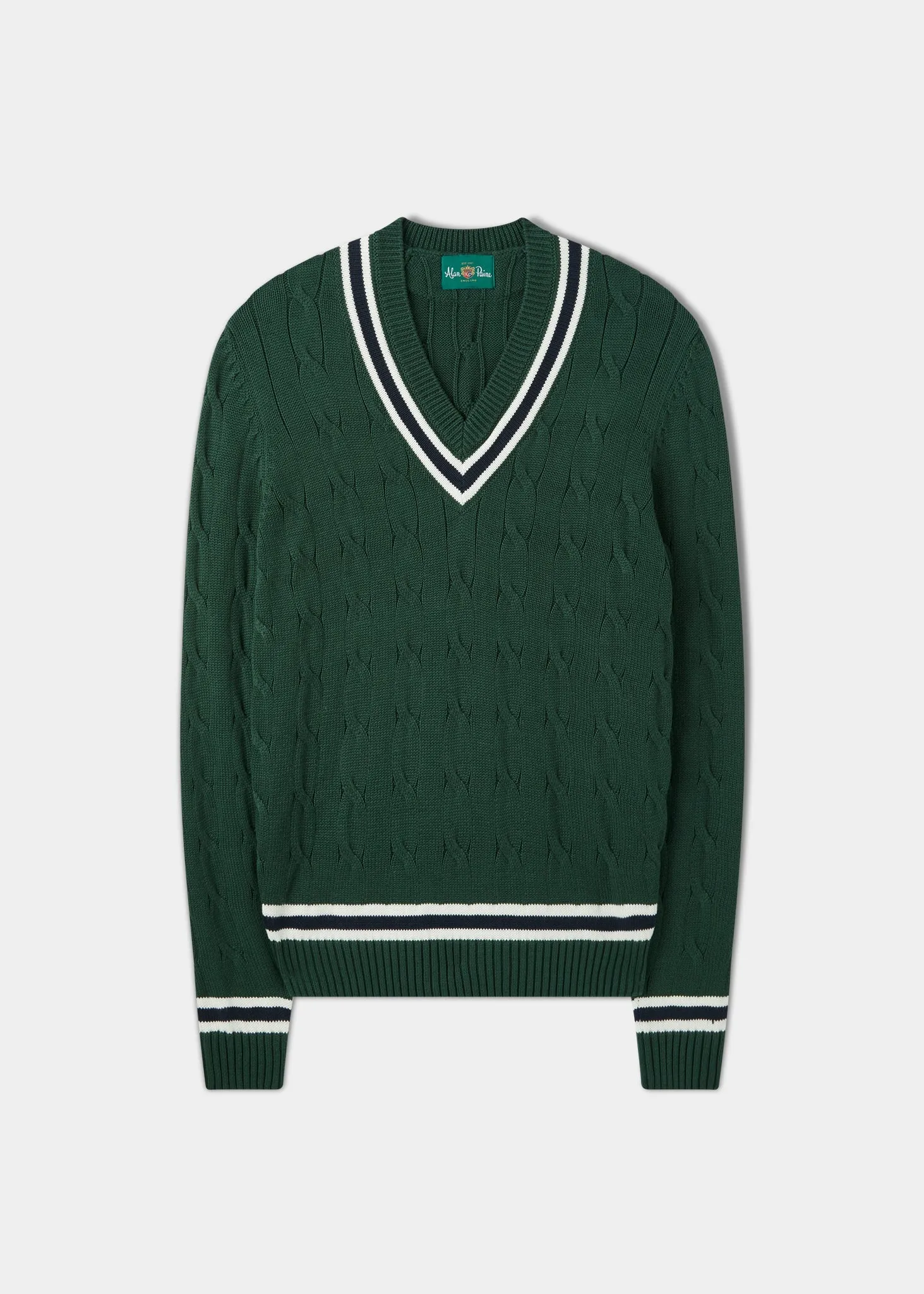 Sandridge Cable Knit Cricket Jumper In AP Green & Dark Navy