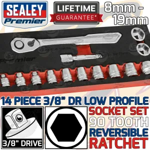 SEALEY 14PCS 3/8" DRIVE 6 POINT 90 TOOTH LOW PROFILE SOCKET SET 8MM - 19MM