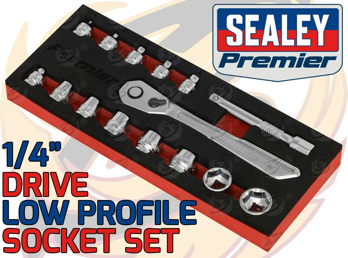 SEALEY 15PCS 1/4" DRIVE 6 POINT 90 TOOTH  LOW PROFILE SOCKET SET 4MM - 14MM