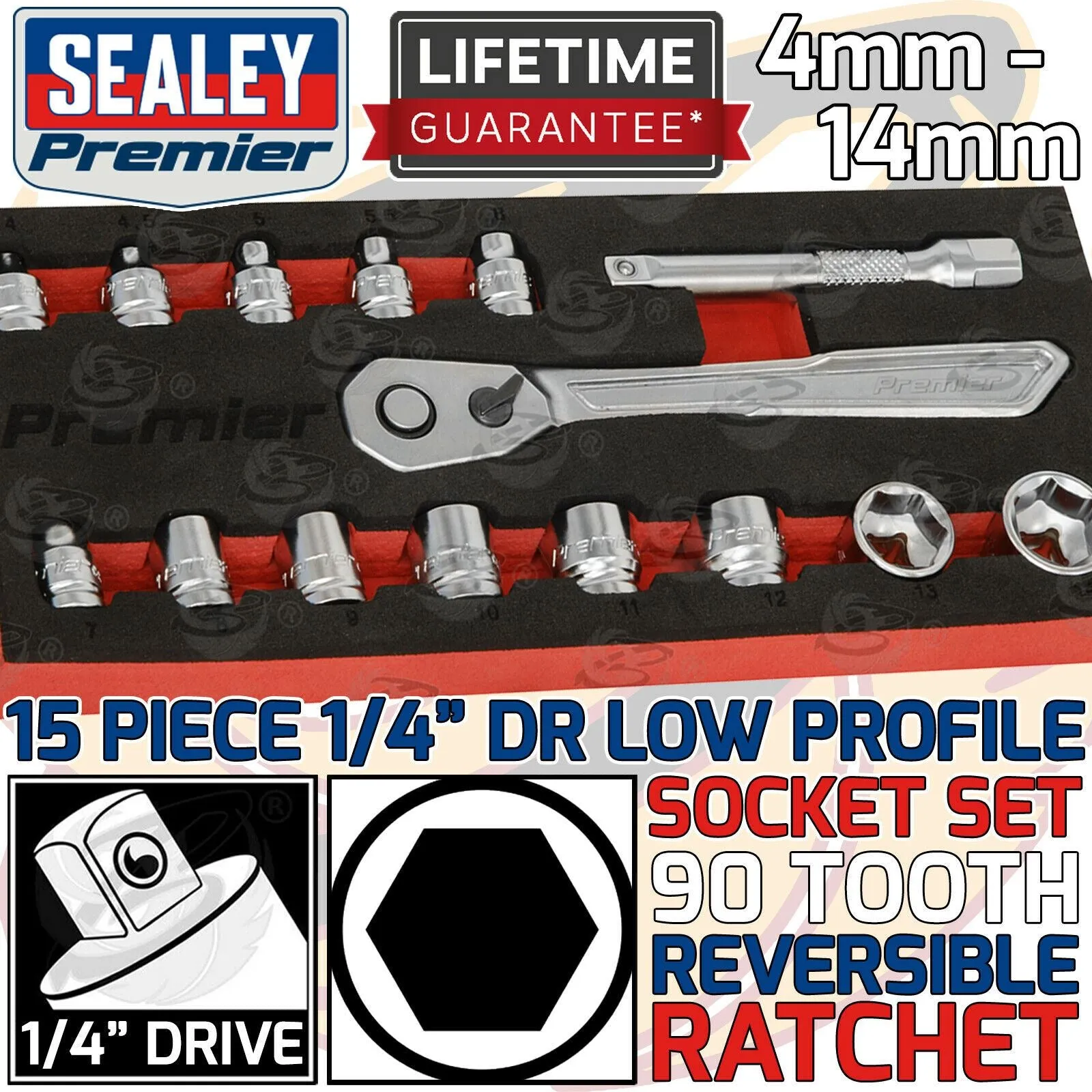 SEALEY 15PCS 1/4" DRIVE 6 POINT 90 TOOTH  LOW PROFILE SOCKET SET 4MM - 14MM