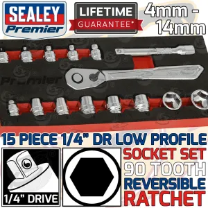 SEALEY 15PCS 1/4" DRIVE 6 POINT 90 TOOTH  LOW PROFILE SOCKET SET 4MM - 14MM