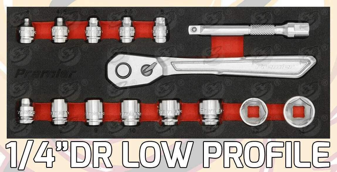 SEALEY 15PCS 1/4" DRIVE 6 POINT 90 TOOTH  LOW PROFILE SOCKET SET 4MM - 14MM