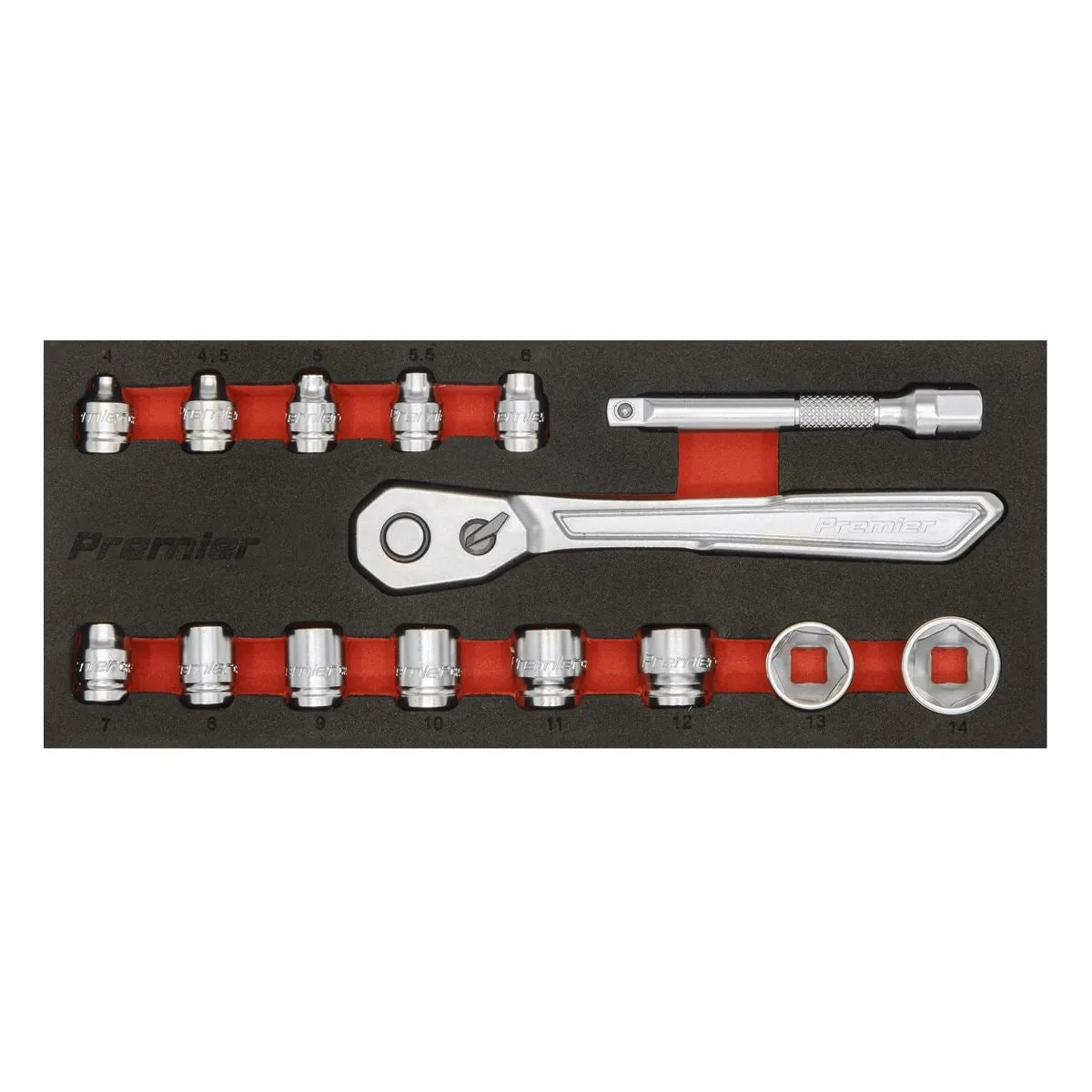 Sealey Premier Low Profile Socket Set 15 Piece 1/4" Drive Metric 4-14mm in EVA Foam