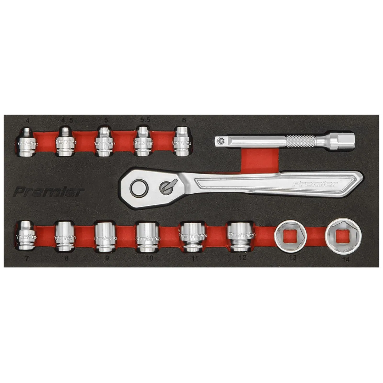 Sealey Premier Low Profile Socket Set 15 Piece 1/4" Drive Metric 4-14mm in EVA Foam