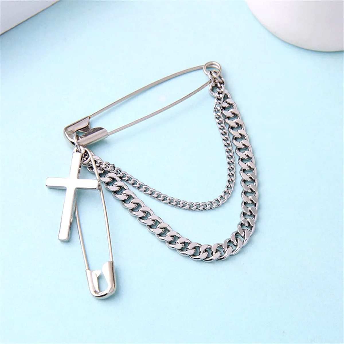 Silver-Plated Chain Link Cross Pin Brooch