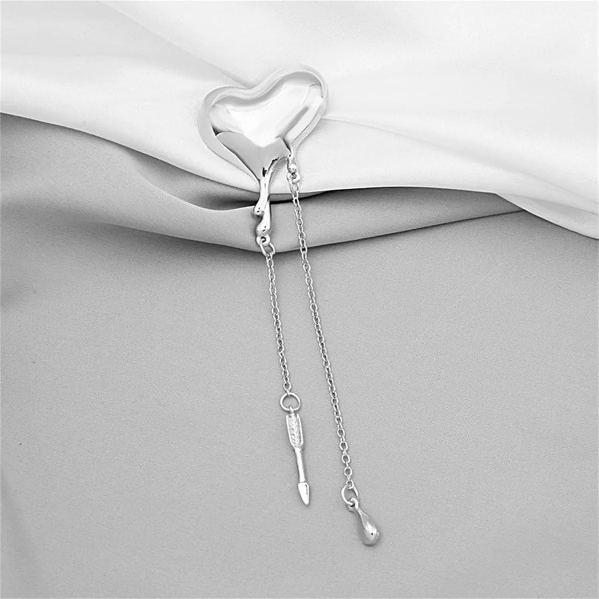 Silver-Plated Heart & Arrow Tassel Brooch