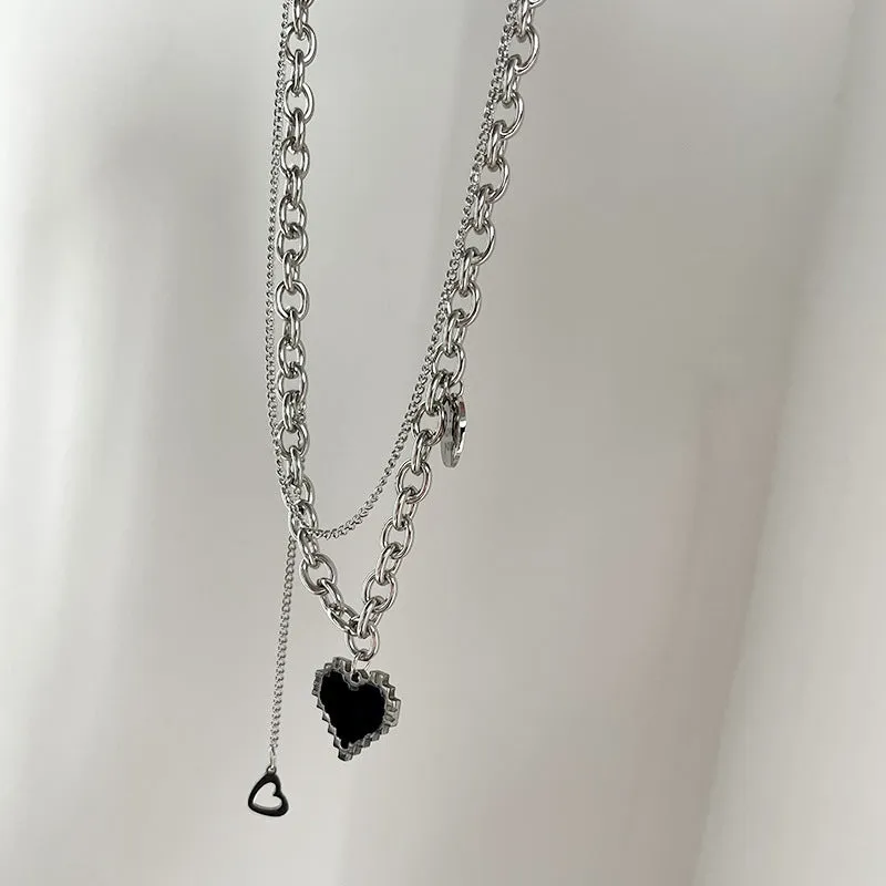 SISSLIA Fashion Stainless Steel Heart Shape Pendant Necklace Double Layer Clavicle Necklace For Women