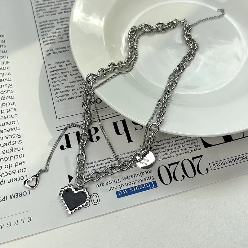 SISSLIA Fashion Stainless Steel Heart Shape Pendant Necklace Double Layer Clavicle Necklace For Women