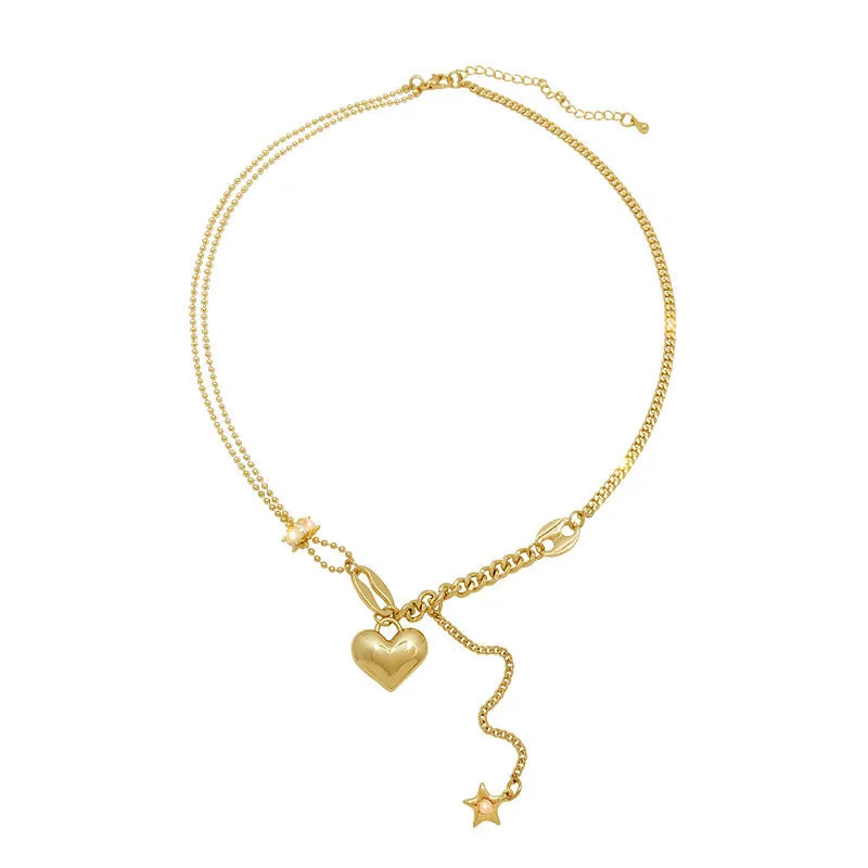 SISSLIA Hot Sale Fashion Gold Stainless Steel Necklace Hip Hop Star Tassels Heart Pendant Necklace For Women
