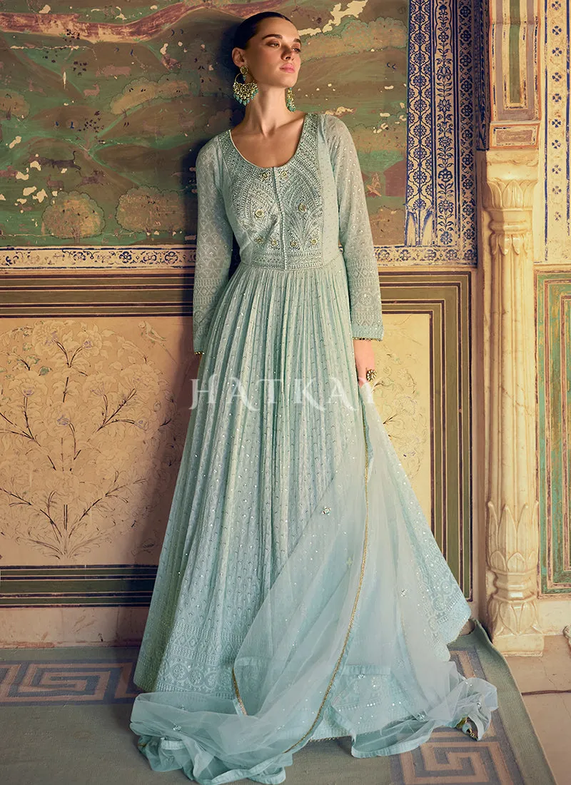 Sky Blue Chikankari Anarkali Dress