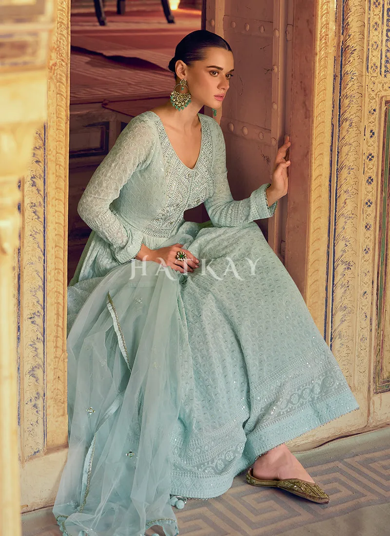 Sky Blue Chikankari Anarkali Dress