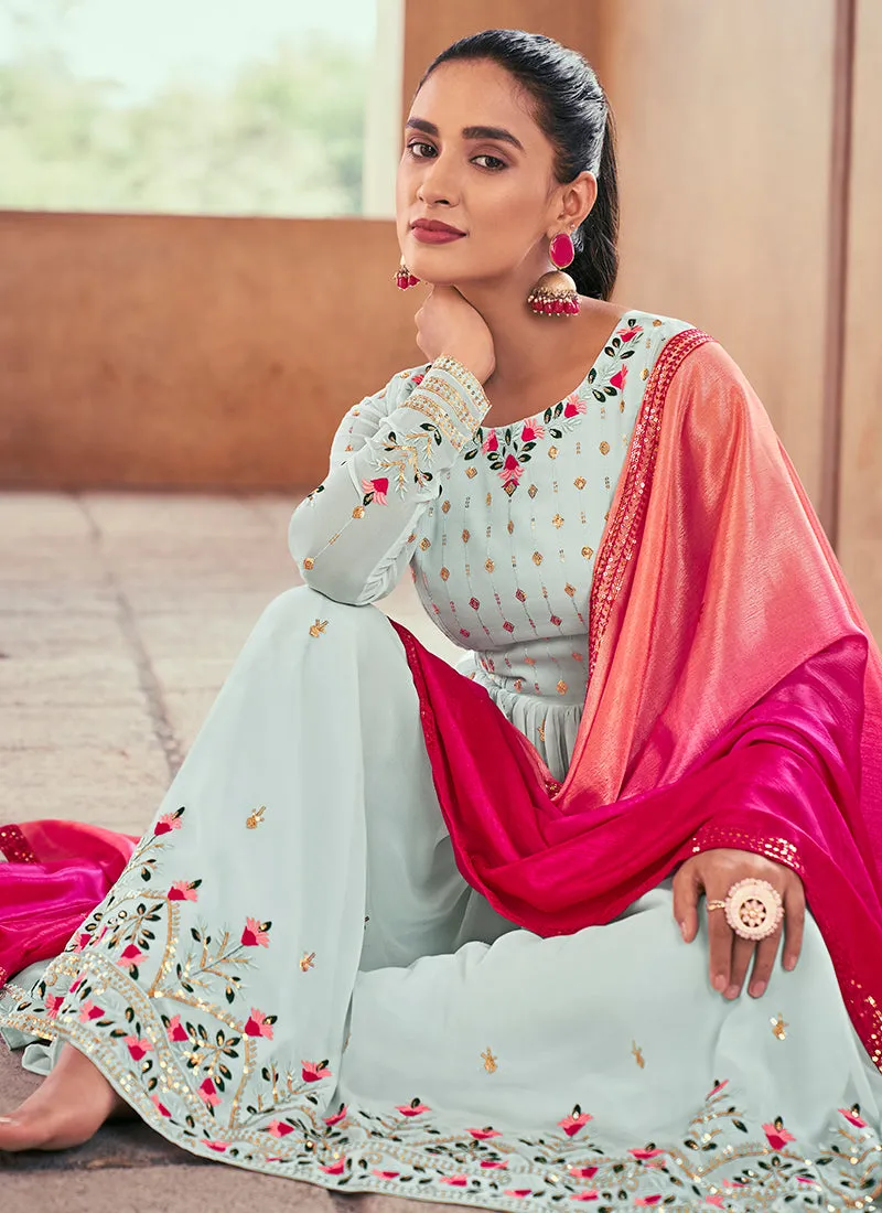 Sky Blue Sequence And Thread Embroidery Anarkali Palazzo Suit