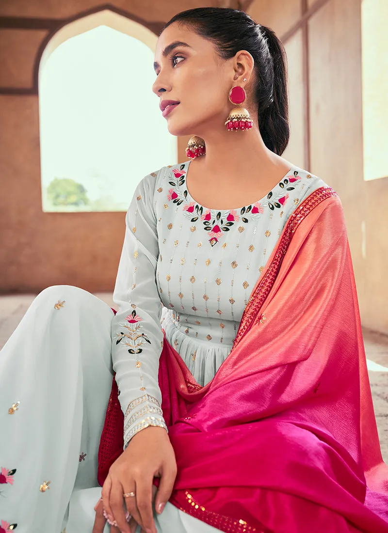 Sky Blue Sequence And Thread Embroidery Anarkali Palazzo Suit