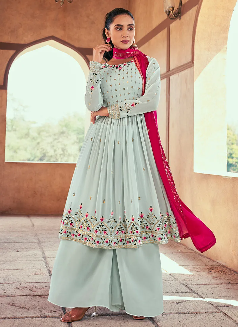 Sky Blue Sequence And Thread Embroidery Anarkali Palazzo Suit