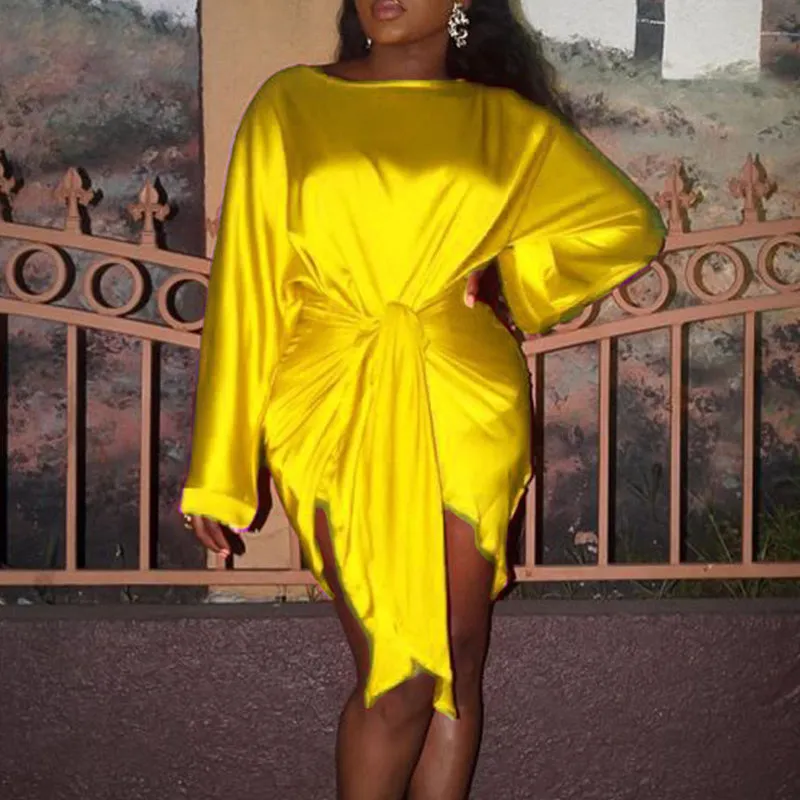 Solid Silk Imitation Long Sleeve Dress