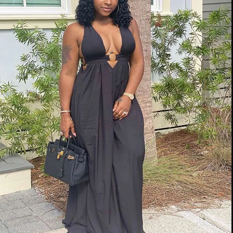Solid Sleeveless Halter Deep V-neck Maxi Dress