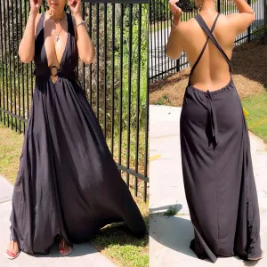Solid Sleeveless Halter Deep V-neck Maxi Dress