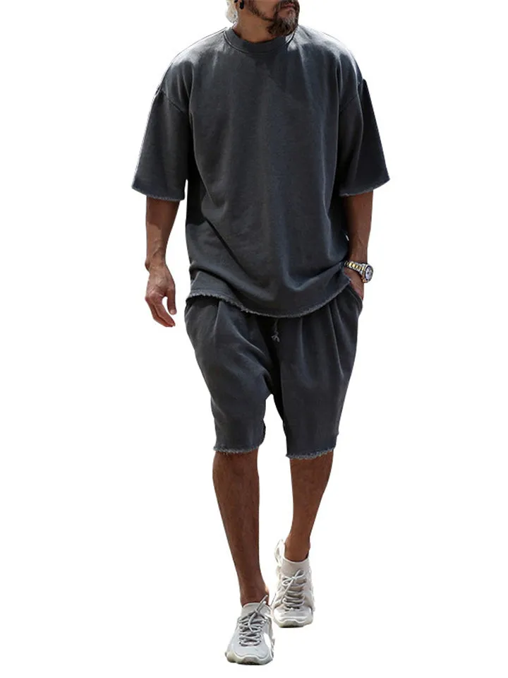 Sporty Short Sleeve Solid Color Outfits For Men