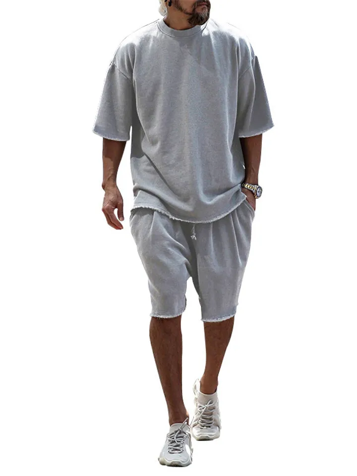 Sporty Short Sleeve Solid Color Outfits For Men
