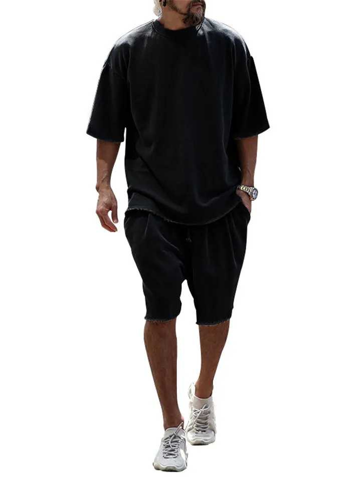 Sporty Short Sleeve Solid Color Outfits For Men