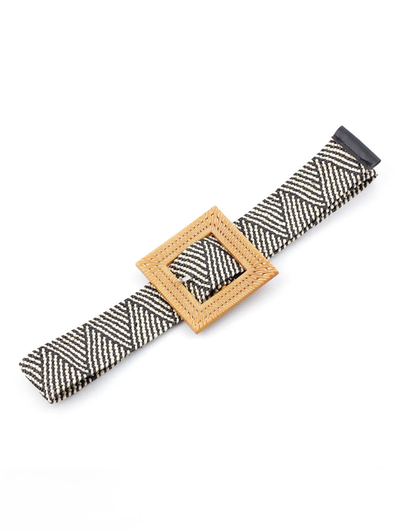 Square Buckle Woven Design Elastic Belt - Black & White - FD ⚡