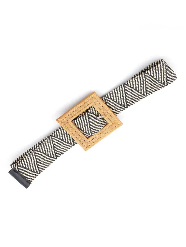 Square Buckle Woven Design Elastic Belt - Black & White - FD ⚡