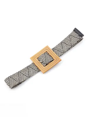 Square Buckle Woven Design Elastic Belt - Black & White - FD ⚡