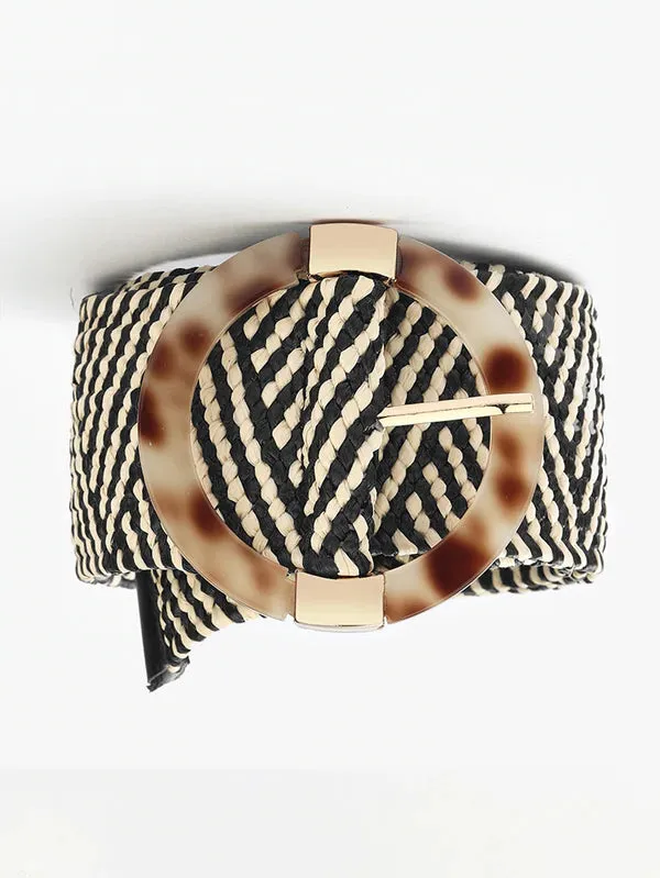 Straw woven plastic buckle belt  - Black & White - FD ⚡