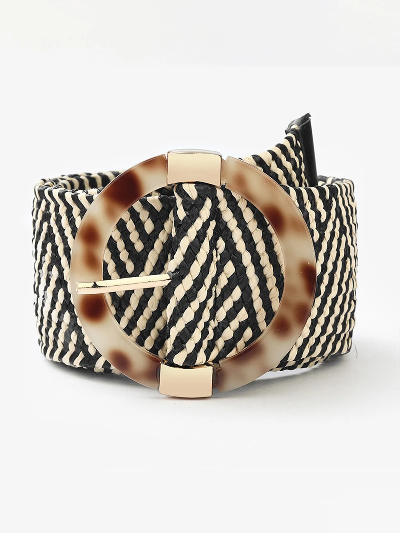 Straw woven plastic buckle belt  - Black & White - FD ⚡