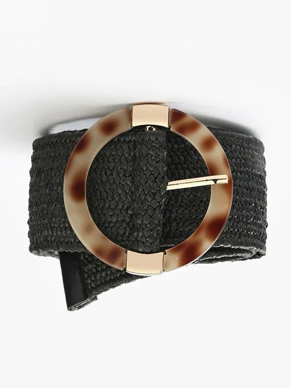 Straw woven plastic buckle belt - Black - FD ⚡