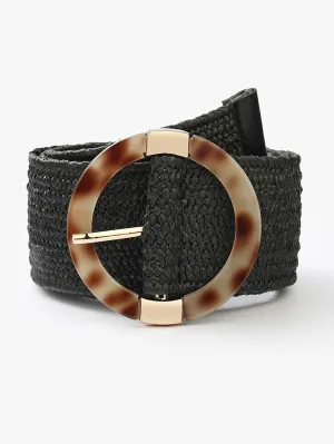 Straw woven plastic buckle belt - Black - FD ⚡
