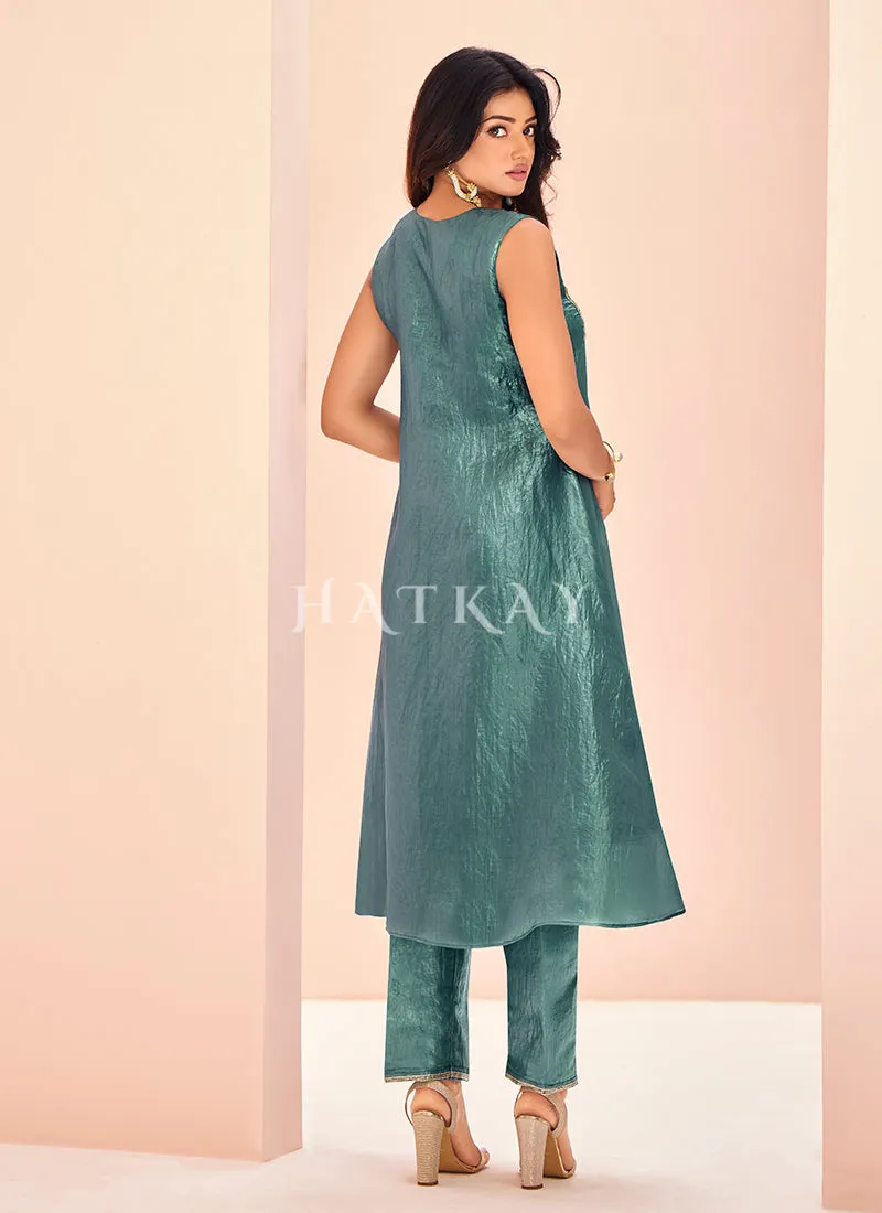Teal Blue Handwork Kurta And Pant Suit