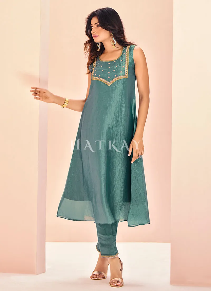 Teal Blue Handwork Kurta And Pant Suit
