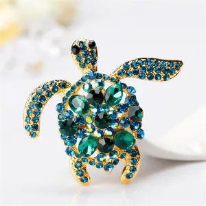 Teal Cubic Zirconia & 18K Gold-Plated Turtle Brooch