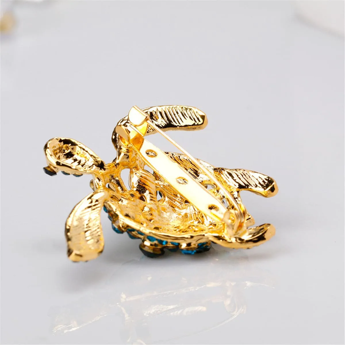 Teal Cubic Zirconia & 18K Gold-Plated Turtle Brooch