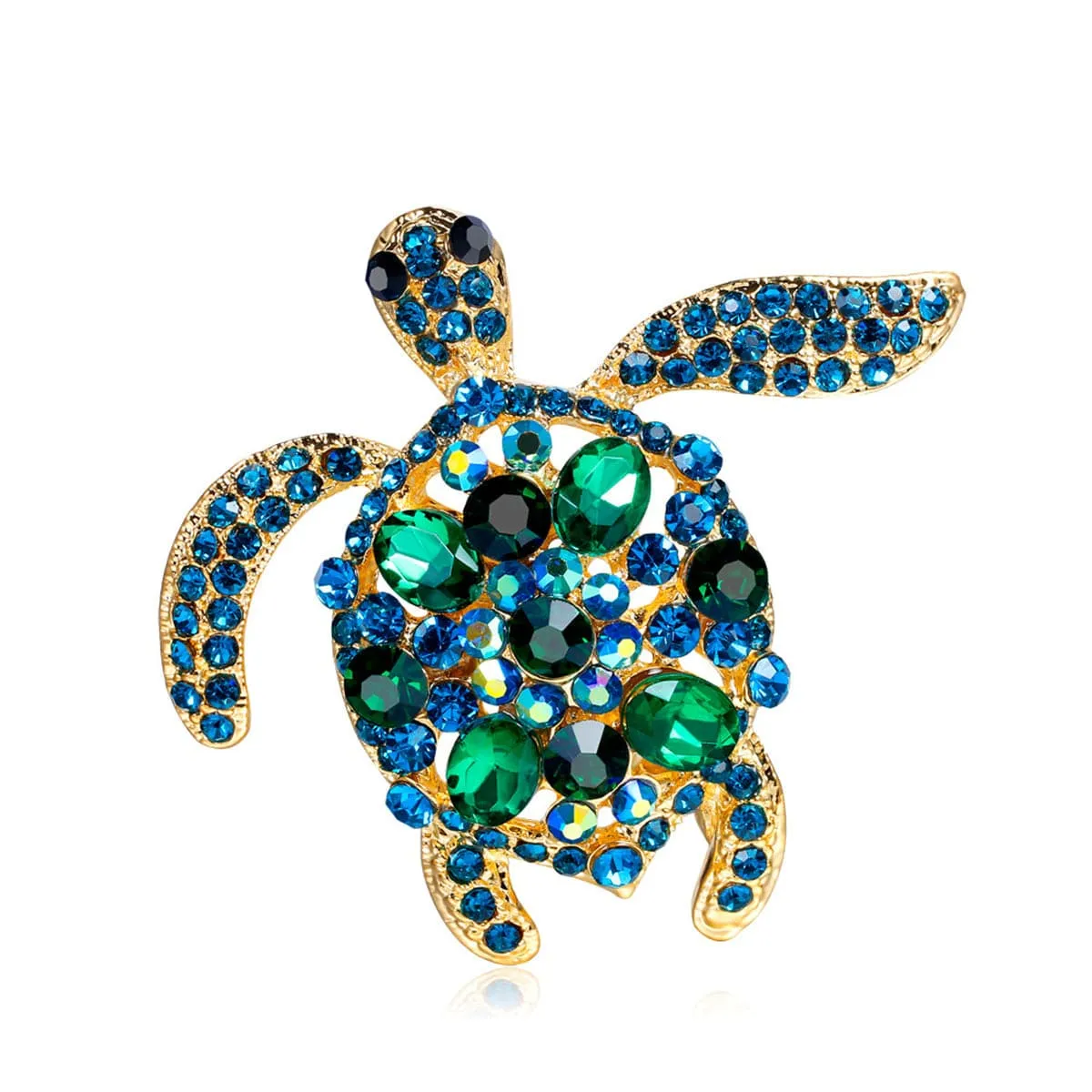 Teal Cubic Zirconia & 18K Gold-Plated Turtle Brooch