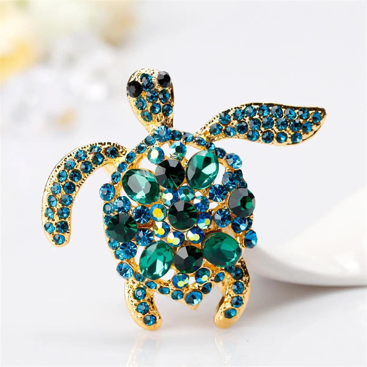 Teal Cubic Zirconia & 18K Gold-Plated Turtle Brooch