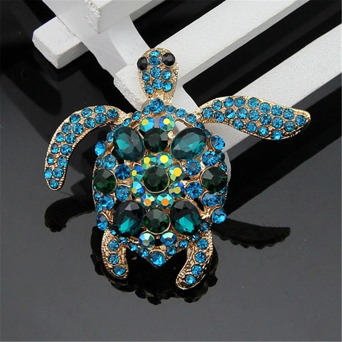 Teal Cubic Zirconia & 18K Gold-Plated Turtle Brooch