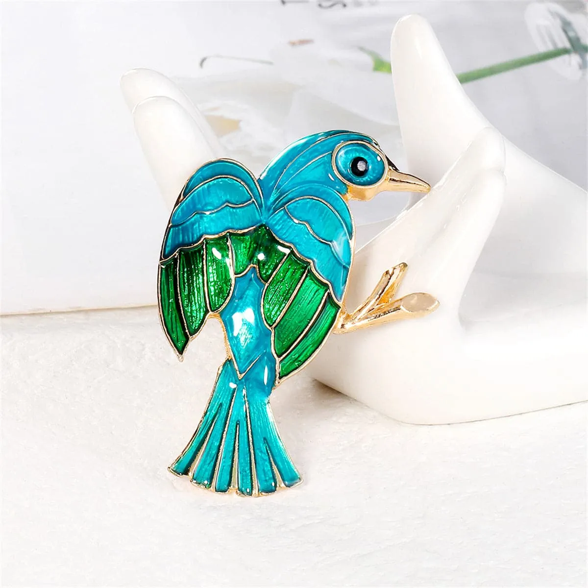 Teal Enamel & 18K Gold-Plated Bird Brooch